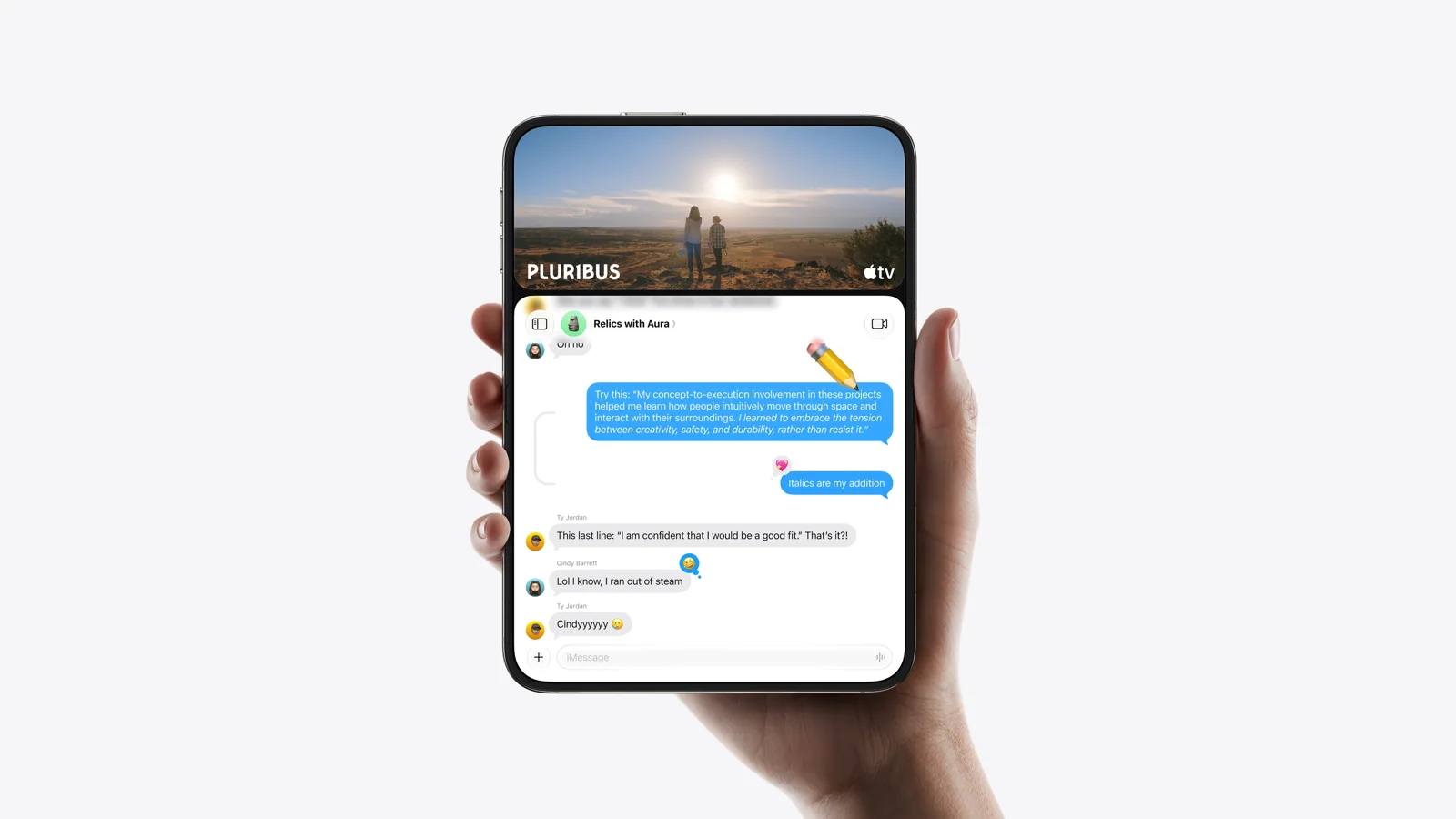 iPhone Duo held upright with an Apple Intelligence conversation on its display