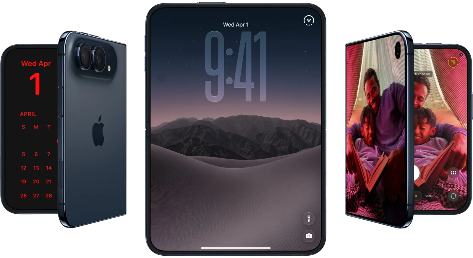 iPhone Duo shown closed, open and partially folded with its outer and inner displays