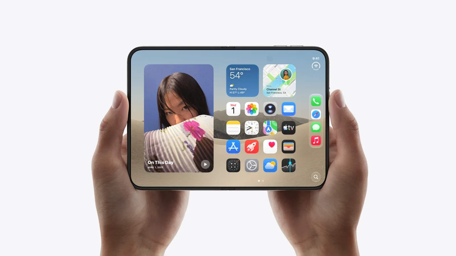 iPhone Duo opened into a wide display, held in two hands